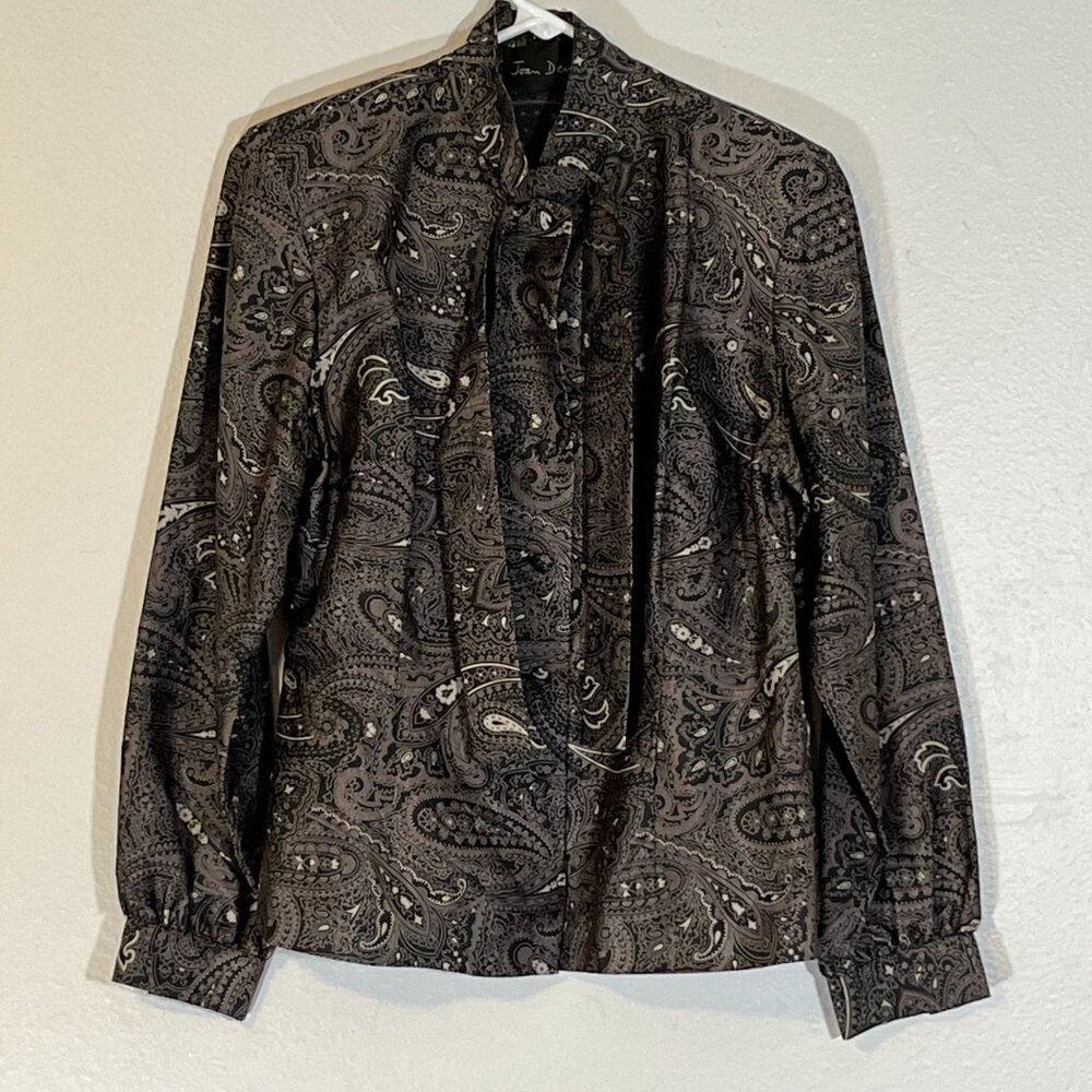 Joan Devin 100% Thai Silk Tie Neck Button‎ Front Blouse Paisley Size 10 Vintage
